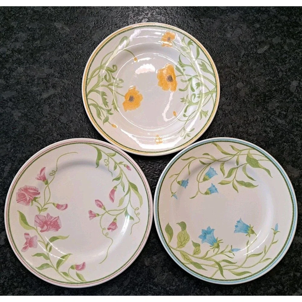 3 VTG Franciscan Greenhouse Earthenware Dinner Plates Poppy Sweet Peas Bluebell